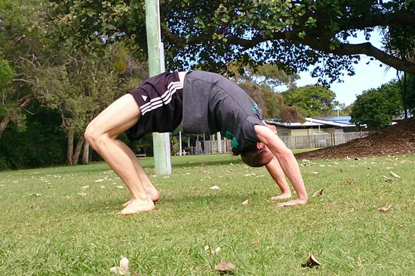 A man holding a bridge pose on the grass in a park